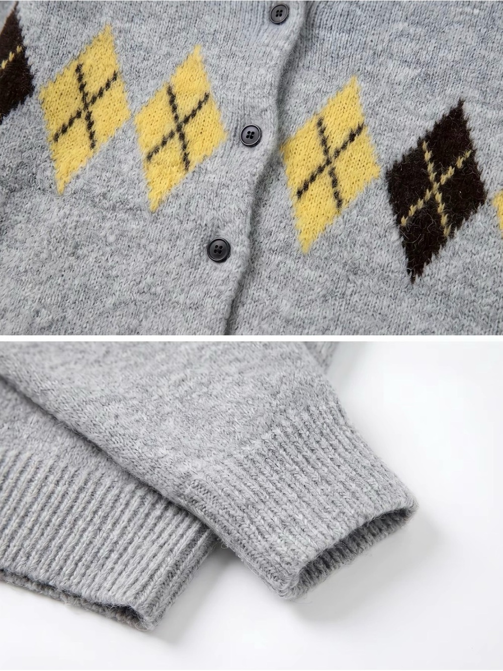 Classy Light Gray Argyle Button-Up Sweater Cardigan Denim Collar New - Picture 5 of 6